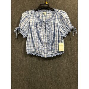 Free Assembly Womens L Gingham Embroidered Crop Top Blue White Puff Sleeve NWT
